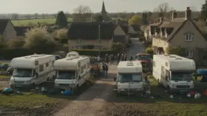 Familie i campingvogne blokerer landsby i England og kræver formue for at rejse